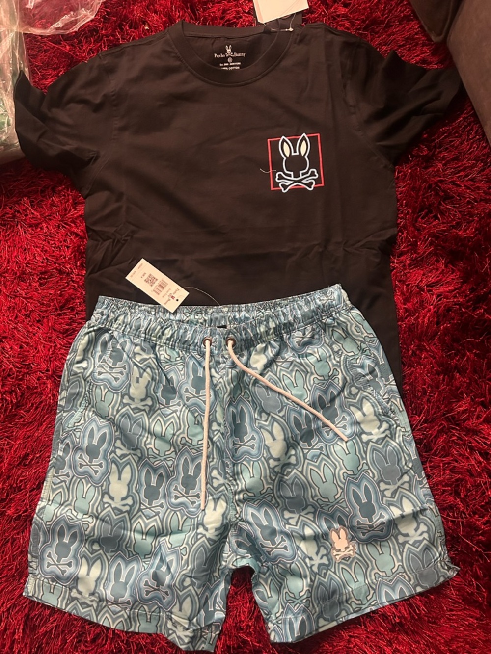 Psycho Bunny Black Tee with Blue Patterned Bunny Swim Shorts